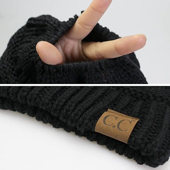 Women's Black Beanie Pony Tail Messy Bun Solid Stretch-Able Ribbed Hat Cap - Picture 2 of 9